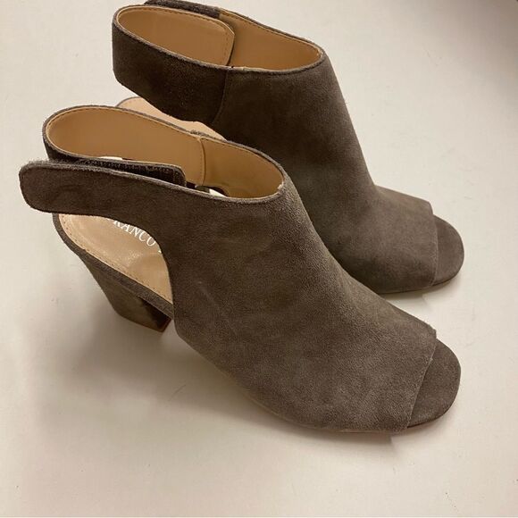 Franco Fortini brown Lisa leather suede block heel open toe pump shoes booties 9 - Picture 2 of 11